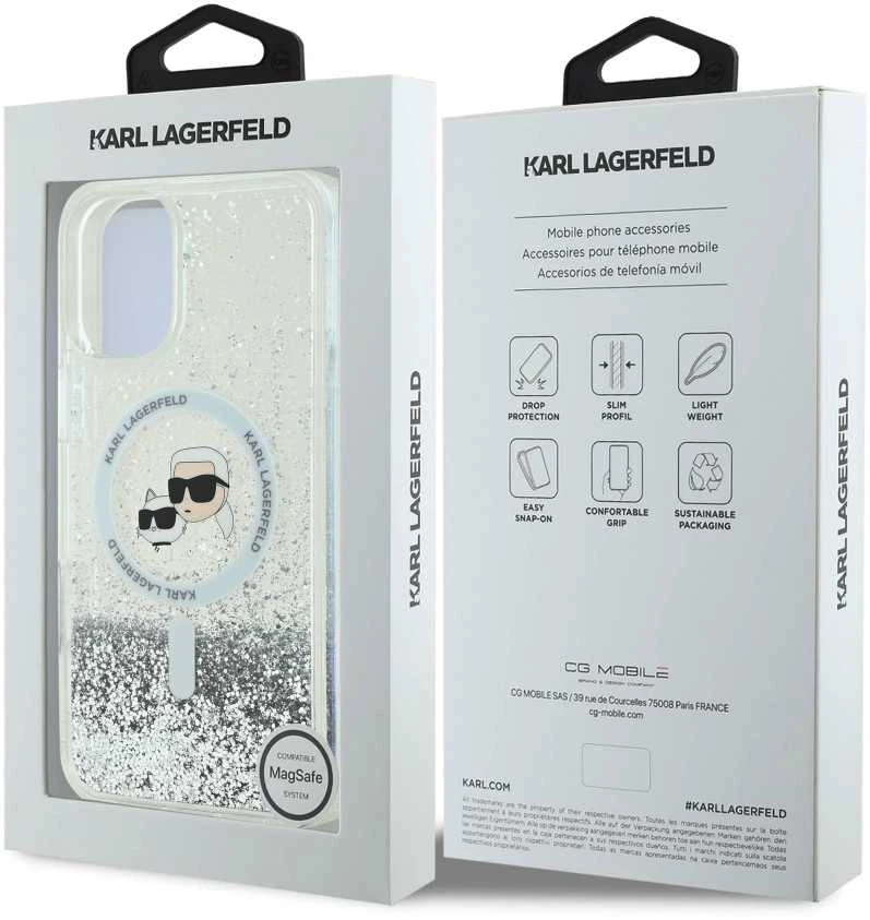 Karl Lagerfeld KLHMP16SLGKCSGH Apple iPhone16 6.1″ kietas dėklas skaidrus Liquid Glitter Karl&Choupette Head