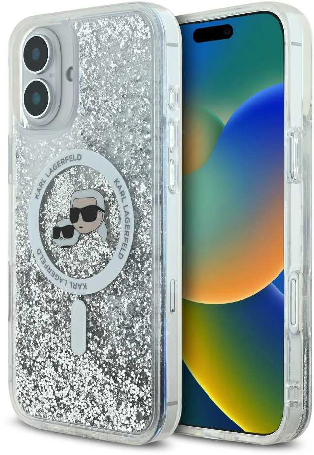 Karl Lagerfeld KLHMP16SLGKCSGH Apple iPhone16 6.1″ kietas dėklas skaidrus Liquid Glitter Karl&Choupette Head