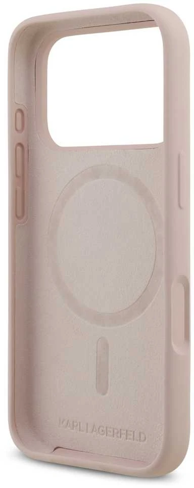 Karl Lagerfeld Liquid Silicone Double Heads MagSafe dėklas skirtas Apple iPhone 17 Pro rožinės spalvos