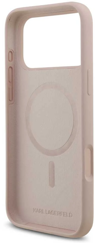 Karl Lagerfeld Liquid Silicone Double Heads MagSafe dėklas skirtas Apple iPhone 17 Pro Max rožinės spalvos