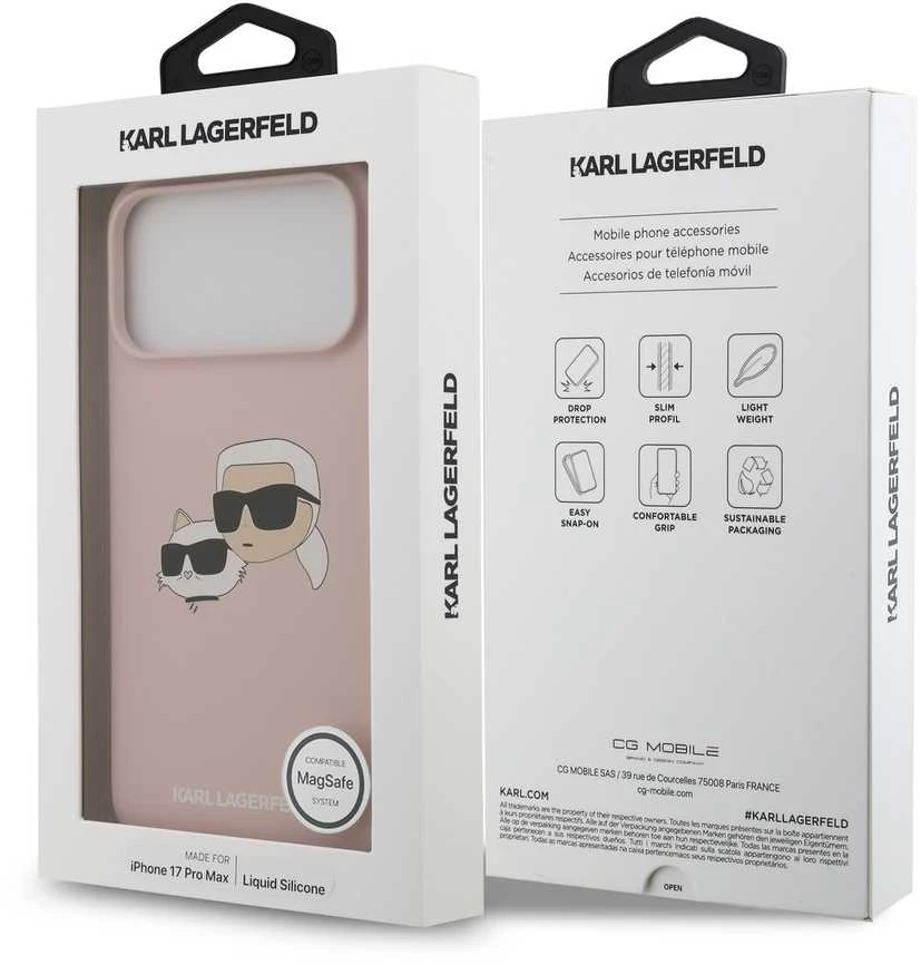 Karl Lagerfeld Liquid Silicone Double Heads MagSafe dėklas skirtas Apple iPhone 17 Pro Max rožinės spalvos