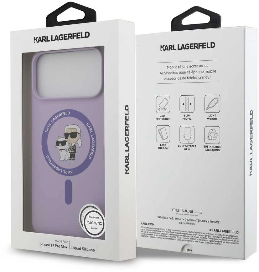 Karl Lagerfeld Liquid Silicone Karl and Choupette MagSafe dėklas skirtas Apple iPhone 17 Pro Max violetinės spalvos