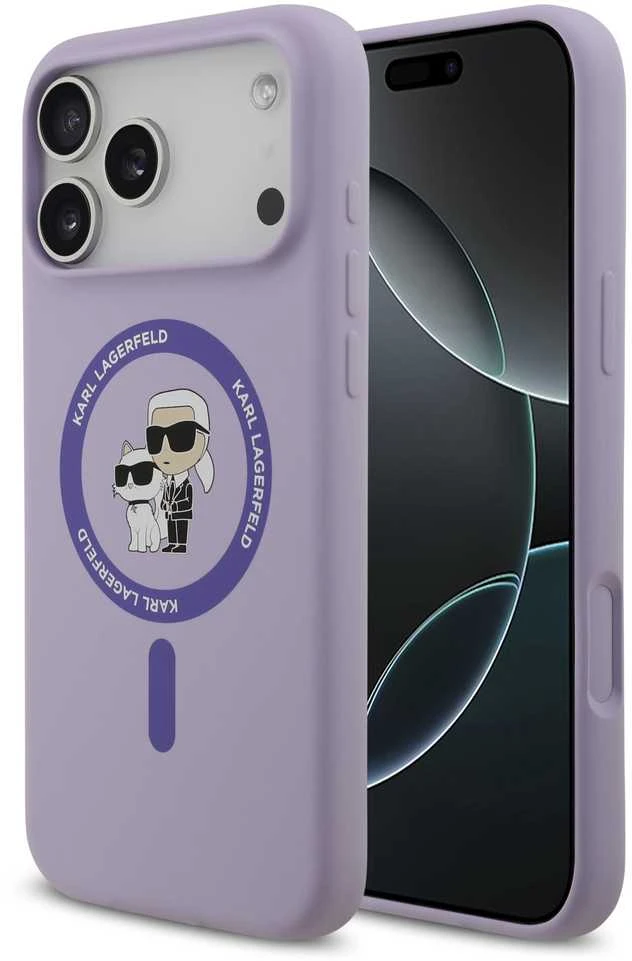 Karl Lagerfeld Liquid Silicone Karl and Choupette MagSafe dėklas skirtas Apple iPhone 17 Pro Max violetinės spalvos