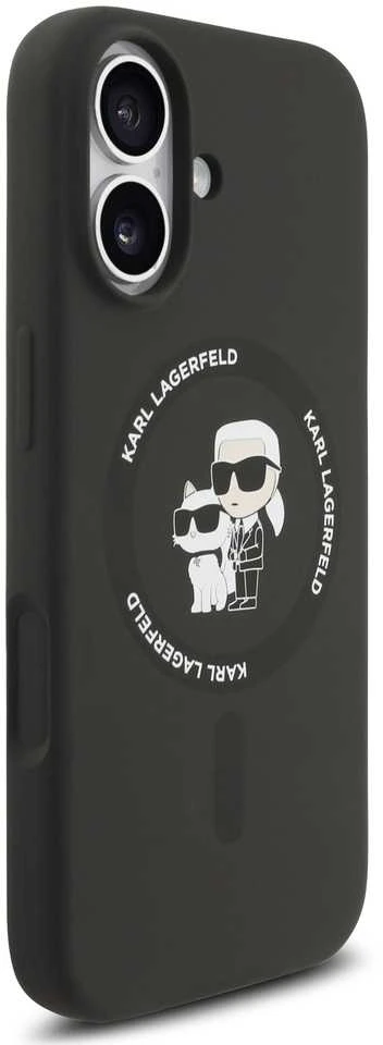 Karl Lagerfeld Liquid Silicone Karl and Choupette MagSafe dėklas skirtas Apple iPhone 17 juodos spalvos