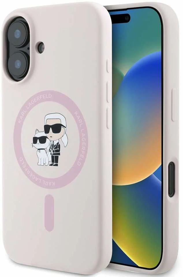 Karl Lagerfeld KLHMP16SSCMKCRHP iPhone 16 6,1 colio eilinis/rožinis kietas dėklas Silikoninis Karl&Choupette galvučių žiedas MagSafe