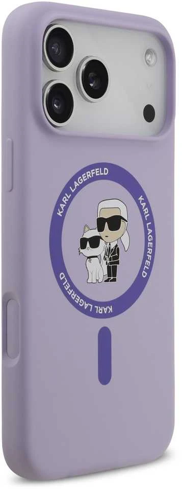 Karl Lagerfeld Liquid Silicone Karl and Choupette MagSafe dėklas skirtas Apple iPhone 17 Pro Max violetinės spalvos