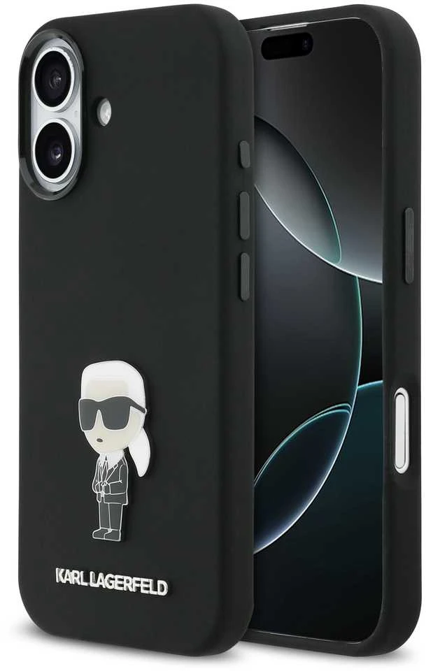 Karl Lagerfeld Liquid Silicone Metal Ikonik dėklas skirtas Apple iPhone 17 juodos spalvos