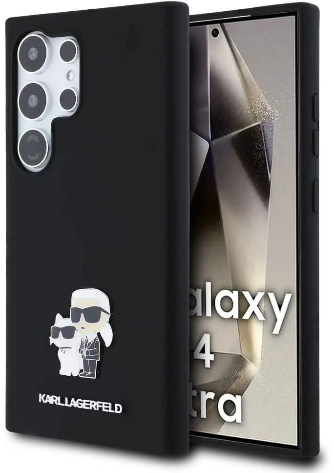Samsung Galaxy S24 Ultra Karl Lagerfeld silikoninis dėklas Karl&Choupette Metal Pin (KLHCS24LSMHKCNPK) juodos spalvos