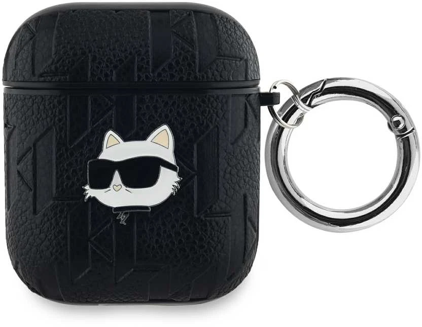 Juodas AirPods dėklas su Choupette aplikacija ir žiedu