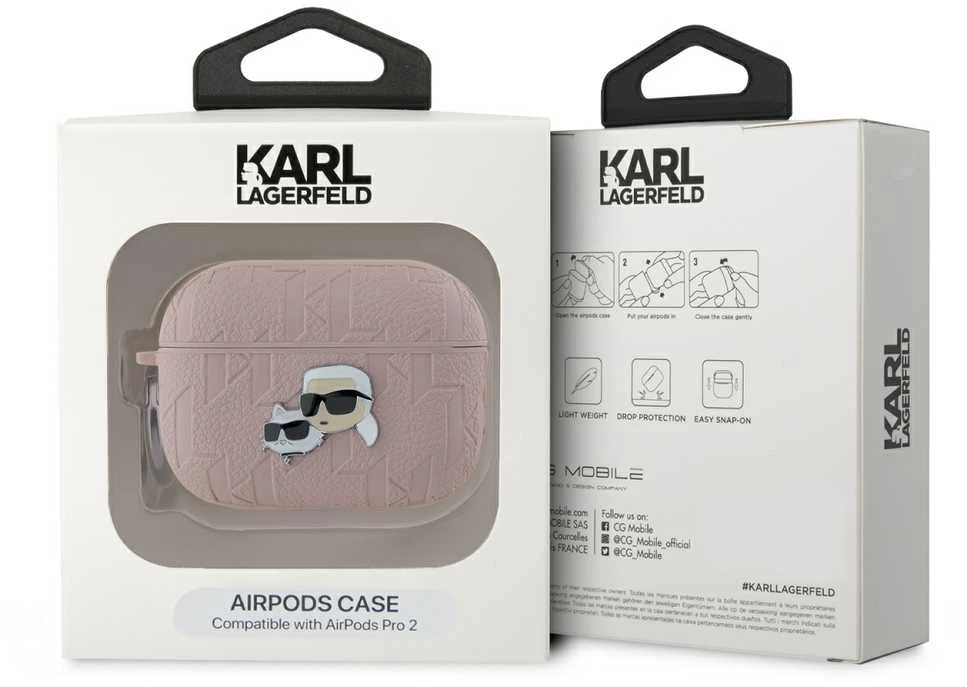 Apple AirPods Pro 2 Karl Lagerfeld Cover Monogram Karl & Choupette Head ausinių dėklas rožinės spalvos