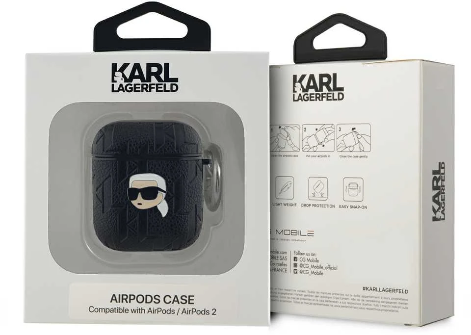 Apple AirPods Karl Lagerfeld Cover Monogram Karl Head ausinių dėklas juodos spalvos