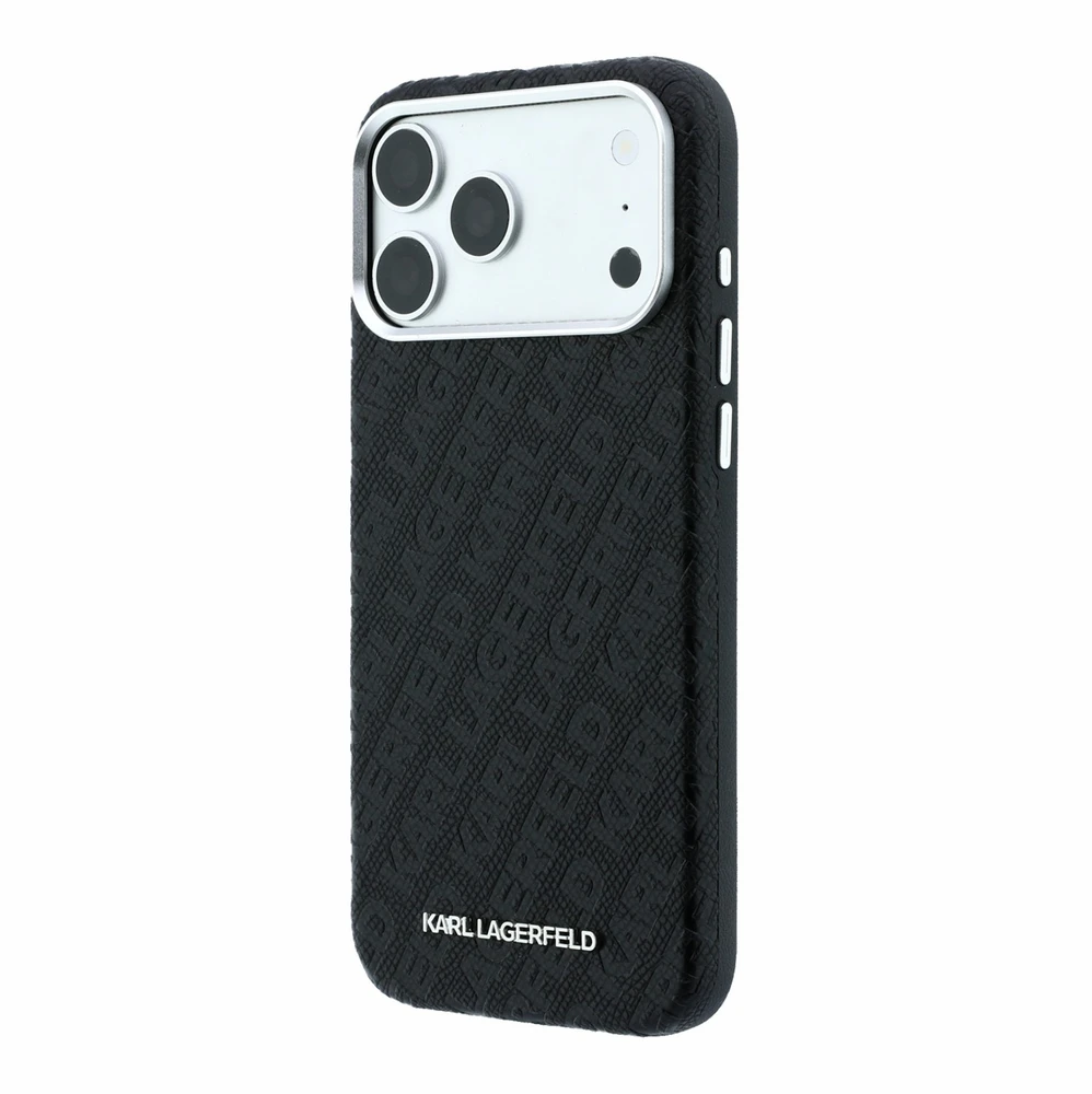 Dėklas Karl Lagerfeld Grained Allover Logo Metal Elongated skirtas iPhone 18 Pro Max/17 Pro Max juodas