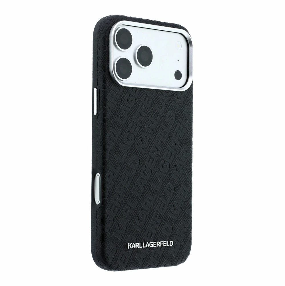 Dėklas Karl Lagerfeld Grained Allover Logo Metal Elongated skirtas iPhone 18 Pro Max/17 Pro Max juodas
