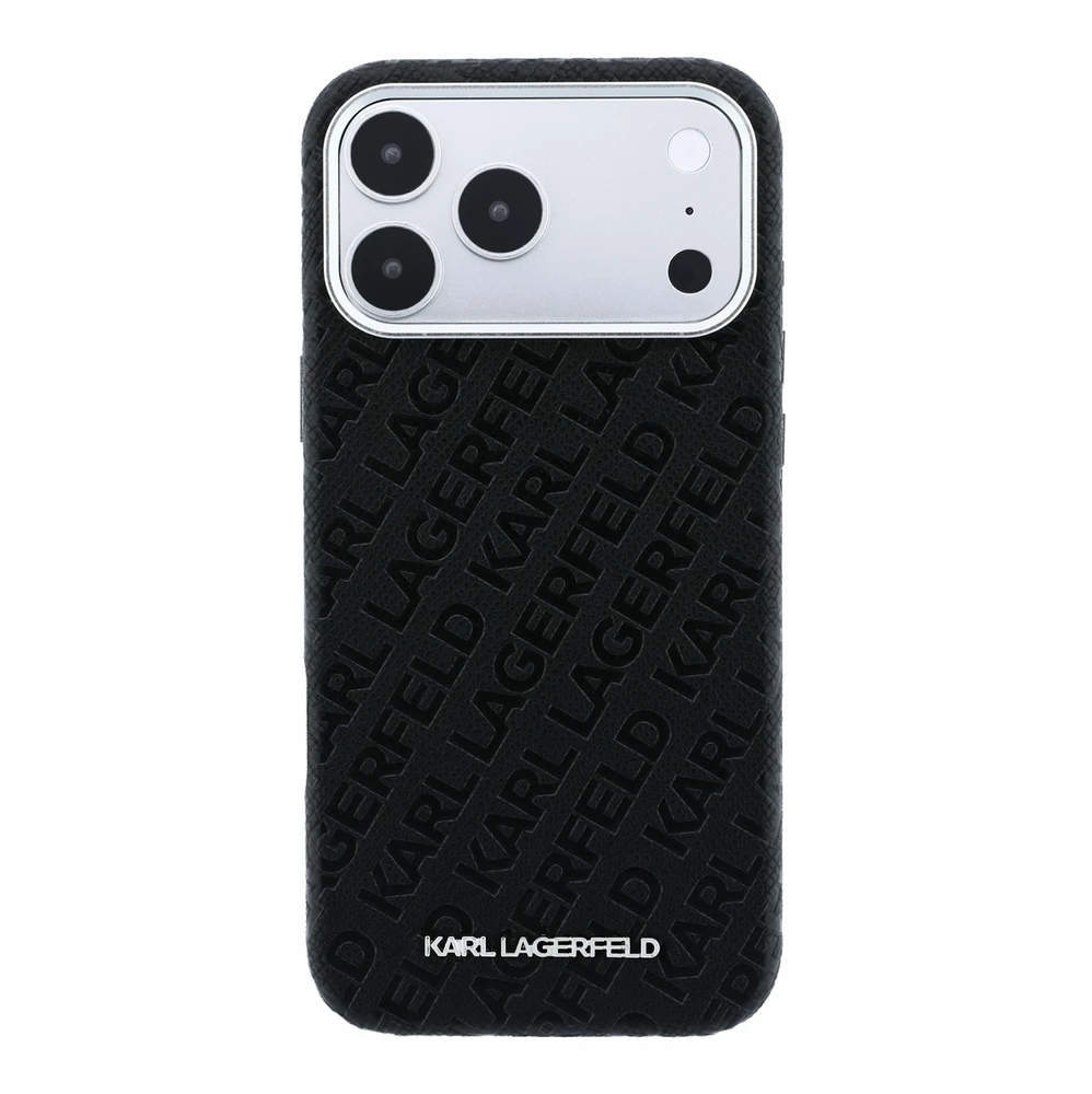 Dėklas Karl Lagerfeld Grained Allover Logo Metal Elongated skirtas iPhone 18 Pro Max/17 Pro Max juodas