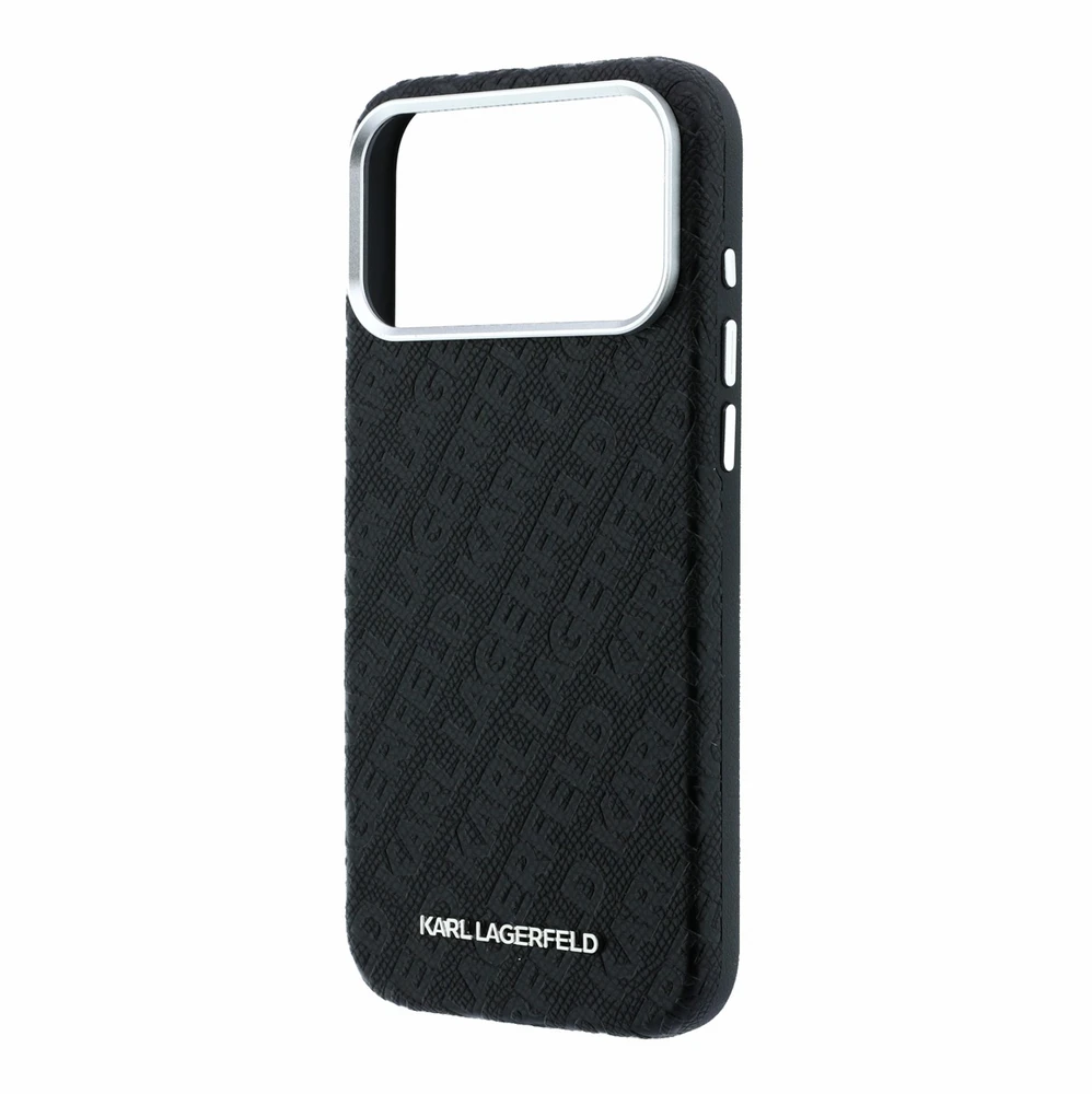 Dėklas Karl Lagerfeld Grained Allover Logo Metal Elongated skirtas iPhone 18 Pro Max/17 Pro Max juodas