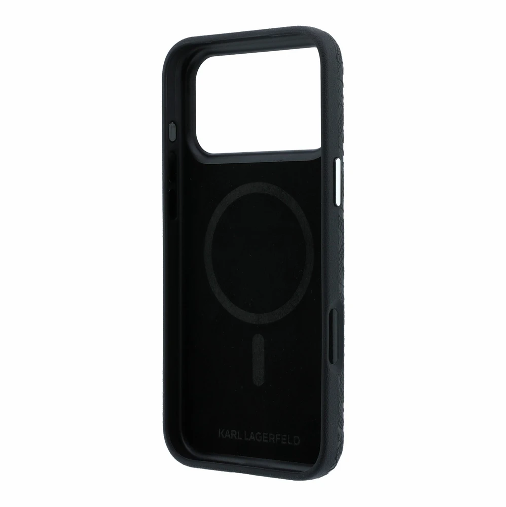 Dėklas Karl Lagerfeld Grained Allover Logo Metal Elongated skirtas iPhone 18 Pro Max/17 Pro Max juodas
