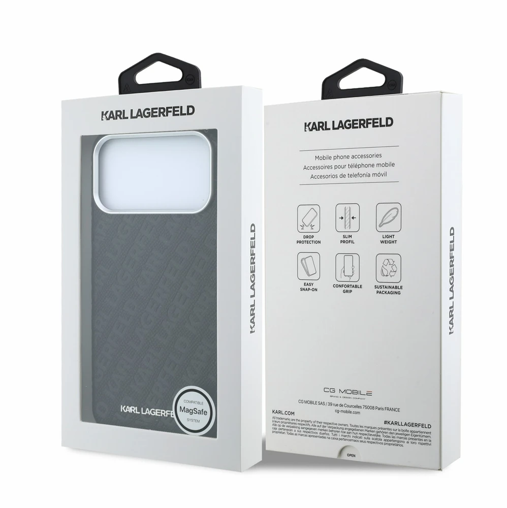 Dėklas Karl Lagerfeld Grained Allover Logo Metal Elongated skirtas iPhone 18 Pro Max/17 Pro Max juodas