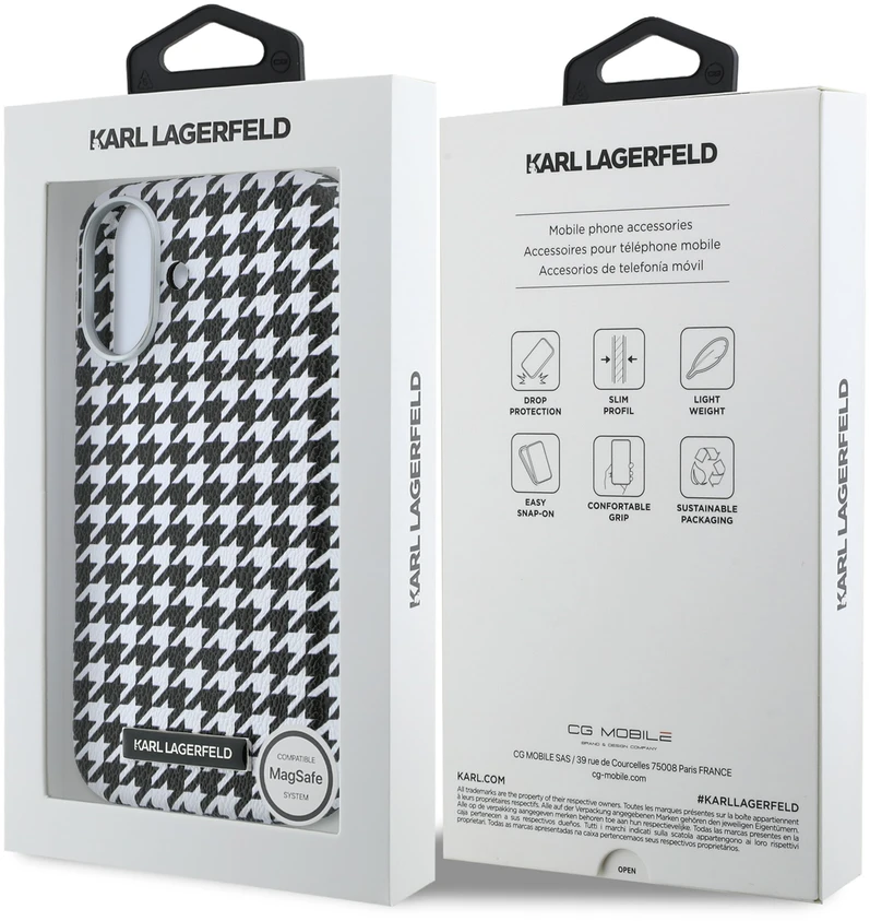 Karl Lagerfeld PU Houndstooth Resin Plate MagSafe dėklas skirtas Apple iPhone 17 juodos spalvos