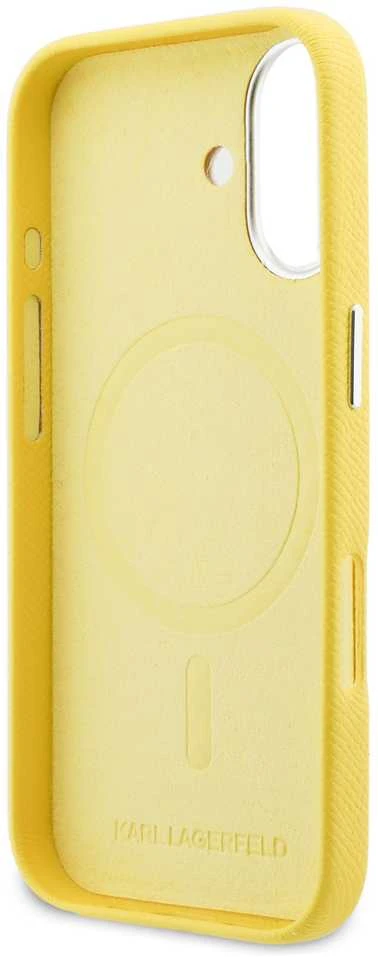 Karl Lagerfeld PU Karl and Choupette Heads Pins MagSafe dėklas skirtas Apple iPhone 17 Geltona