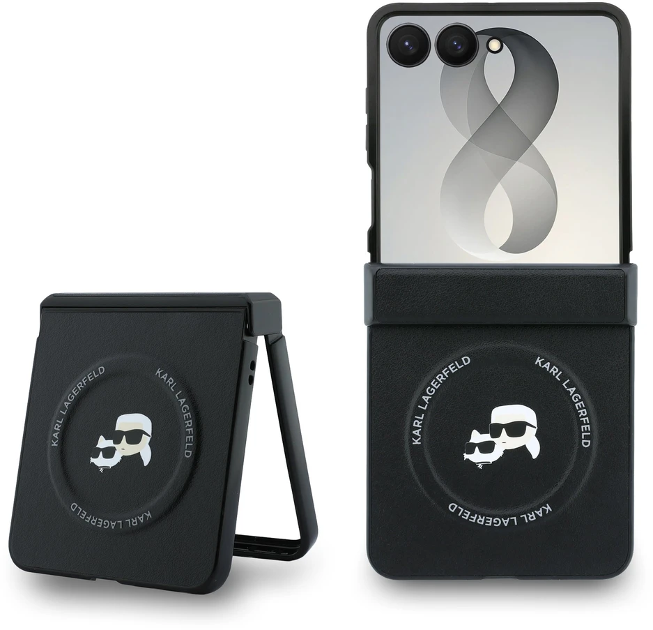 Karl Lagerfeld PU Karl and Choupette Heads magnetinis dėklas Samsung Galaxy Z Flip 8, juodos spalvos