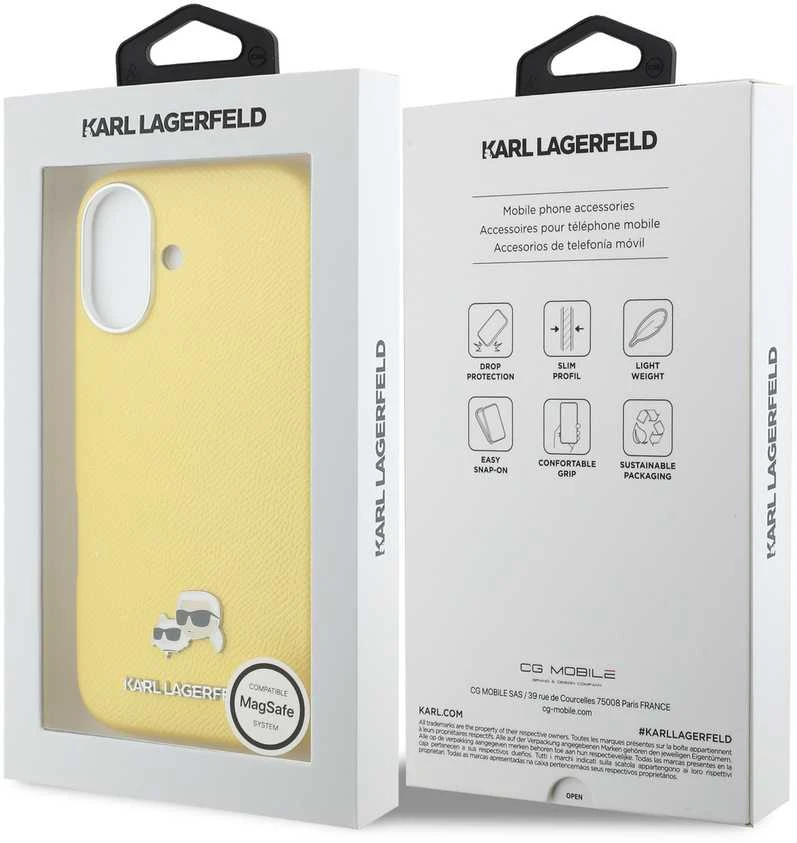 Karl Lagerfeld PU Karl and Choupette Heads Pins MagSafe dėklas skirtas Apple iPhone 17 Geltona