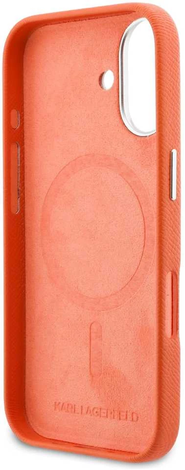 Karl Lagerfeld PU Karl and Choupette Heads Pins MagSafe dėklas skirtas Apple iPhone 17 Oranžinis