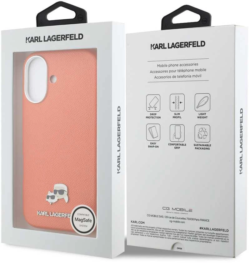 Karl Lagerfeld PU Karl and Choupette Heads Pins MagSafe dėklas skirtas Apple iPhone 17 Oranžinis