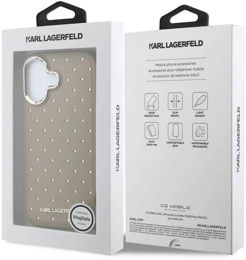 Karl Lagerfeld PU Perforated Gold Dots MagSafe dėklas skirtas iPhone 17 rusvai gelsvas