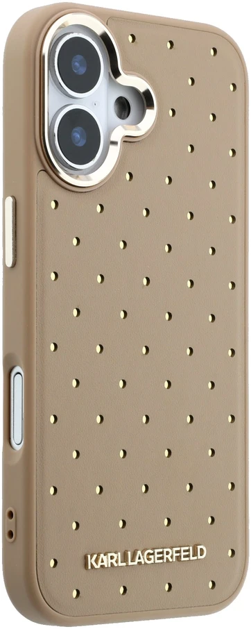 Karl Lagerfeld PU Perforated Gold Dots MagSafe dėklas skirtas iPhone 17 rusvai gelsvas