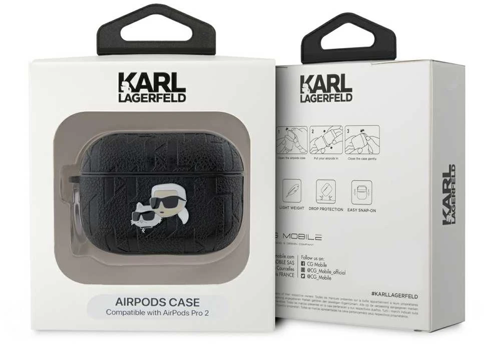 Apple AirPods Pro 2 Karl Lagerfeld Cover Monogram Karl & Choupette Head ausinių dėklas juodos spalvos
