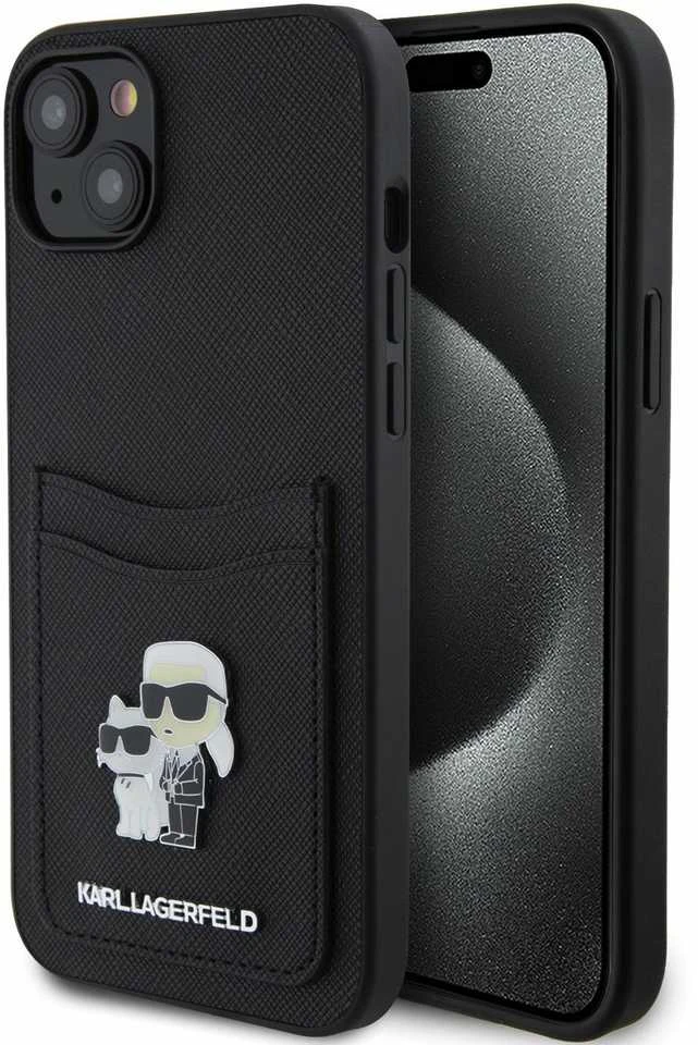 Karl Lagerfeld KLHCP15SSAPKCNPK Apple iPhone 15 / 14 / 13 6.1″ juodos spalvos kietas dėklas Saffiano Cardslot Karl
