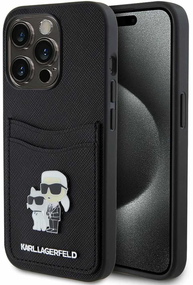 Karl Lagerfeld KLHCP15LSAPKCNPK Apple iPhone 15 Pro 6.1" juodos spalvos kietas dėklas Saffiano Cardslot Karl&Choup
