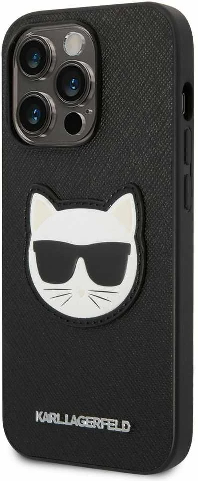 Apple iPhone 14 Pro Max Karl Lagerfeld dėklas Saffiano Choupette Head Patch juodos spalvos