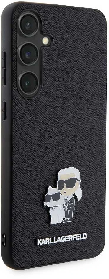 Samsung Galaxy S24 Plus Karl Lagerfeld dėklas Saffiano Karl & Choupette Metal Pin (KLHCS24MPSAKCMPK) juodos spalvos