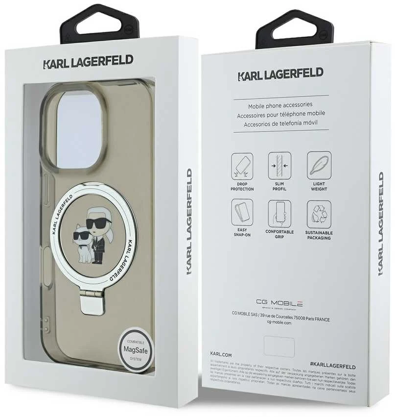 Karl Lagerfeld Ringstand Karl and Choupette MagSafe Apple iPhone 16 Pro Max dėklas telefonui juodos spalvos