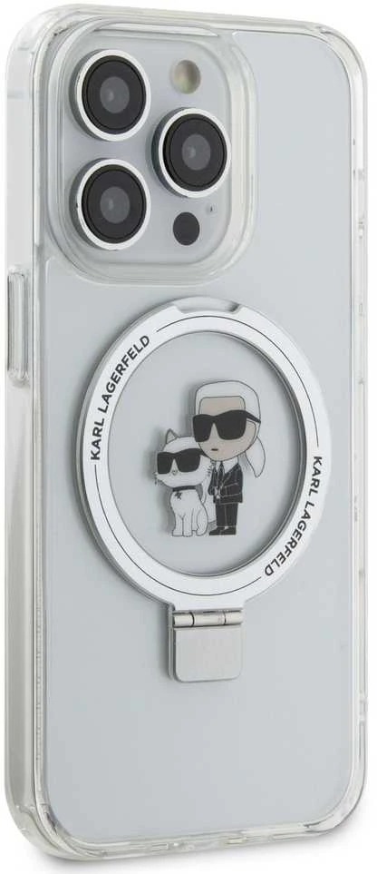 Karl Lagerfeld dėklas, skirtas iPhone 15 Pro 6,1 KLHMP15LHMRSKCH baltos spalvos HC MAGSAFE RINGSTAND KC
