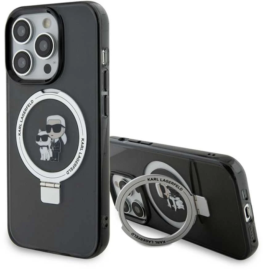 Karl Lagerfeld Ringstand Karl and Choupette MagSafe Apple iPhone 16 Pro Max dėklas telefonui juodos spalvos