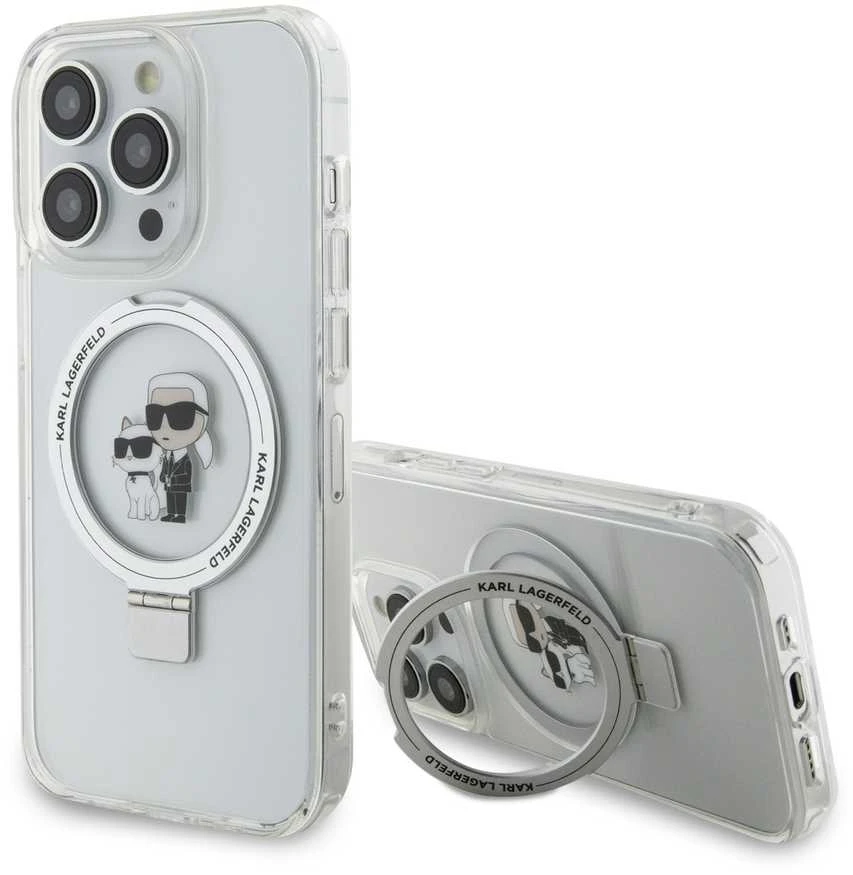 Karl Lagerfeld dėklas, skirtas iPhone 15 Pro 6,1 KLHMP15LHMRSKCH baltos spalvos HC MAGSAFE RINGSTAND KC