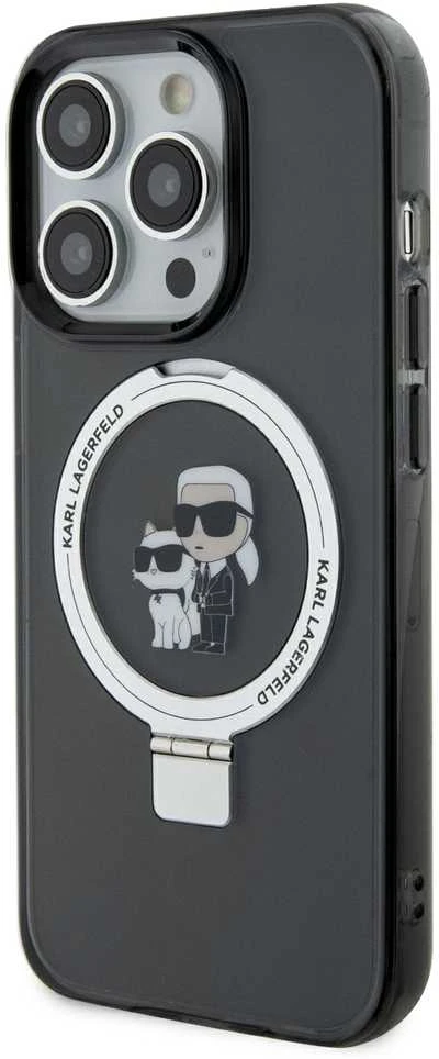 Karl Lagerfeld Ringstand Karl and Choupette MagSafe Apple iPhone 16 Pro Max dėklas telefonui juodos spalvos