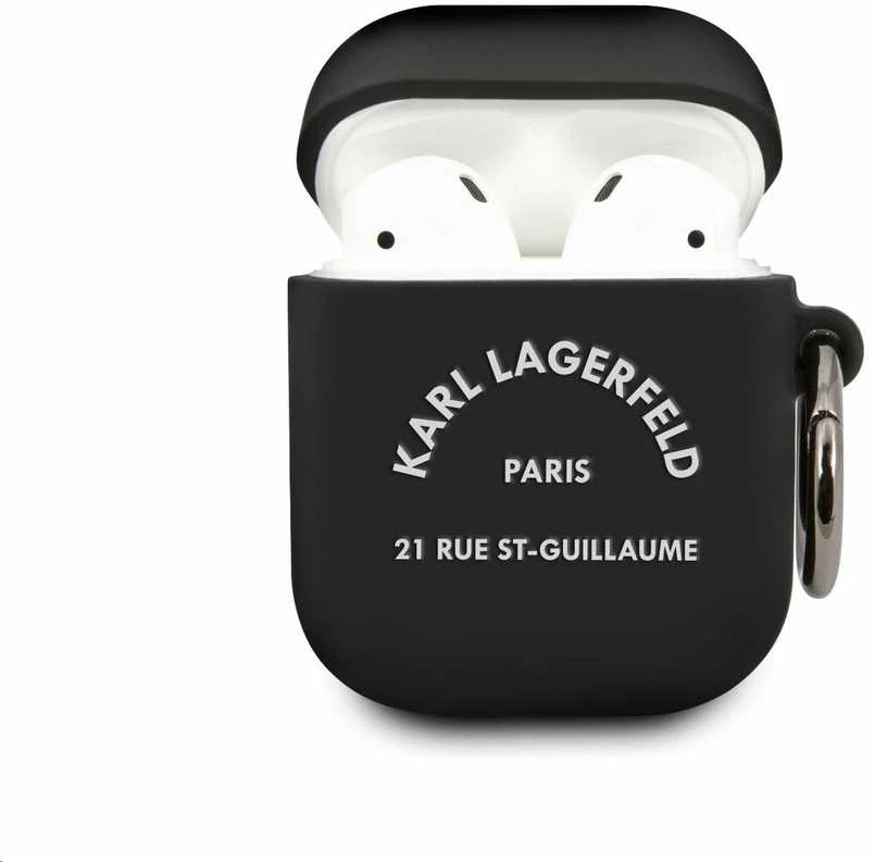 Karl Lagerfeld Rue St Guillaume silikoninis dėklas ausinėms AirPods 1/2 juodos spalvos