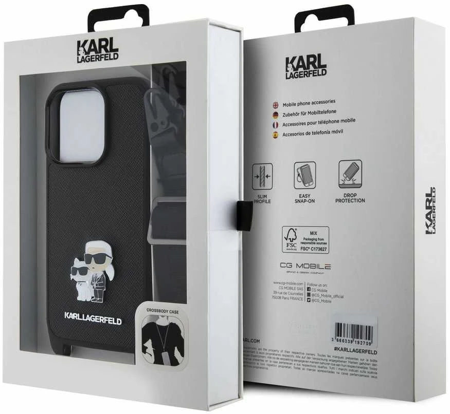 Karl Lagerfeld Saffiano Crossbody Strap Metal Karl and Choupette dėklas telefonui Apple iPhone 15 Pro juodos spalvos