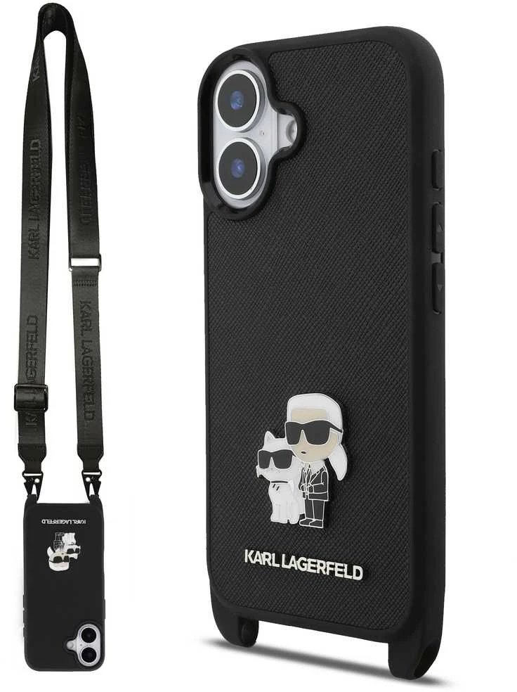 Karl Lagerfeld Saffiano Crossbody Strap Metal Karl and Choupette dėklas skirtas Apple iPhone 17 juodos spalvos