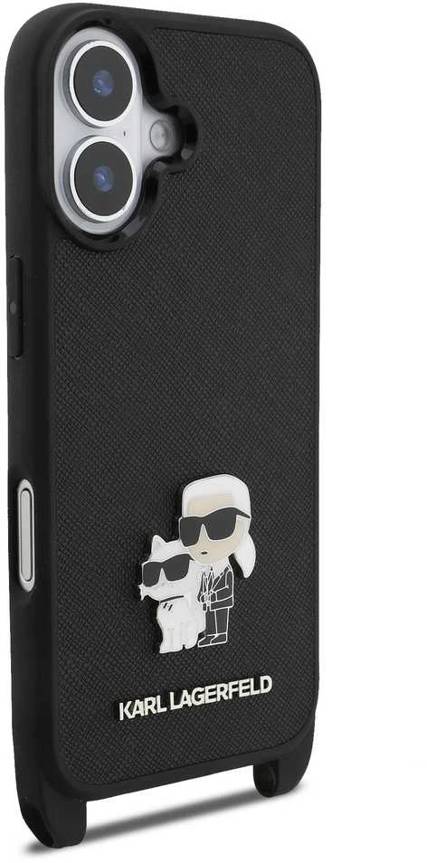 Karl Lagerfeld Saffiano Crossbody Strap Metal Karl and Choupette dėklas skirtas Apple iPhone 17 juodos spalvos