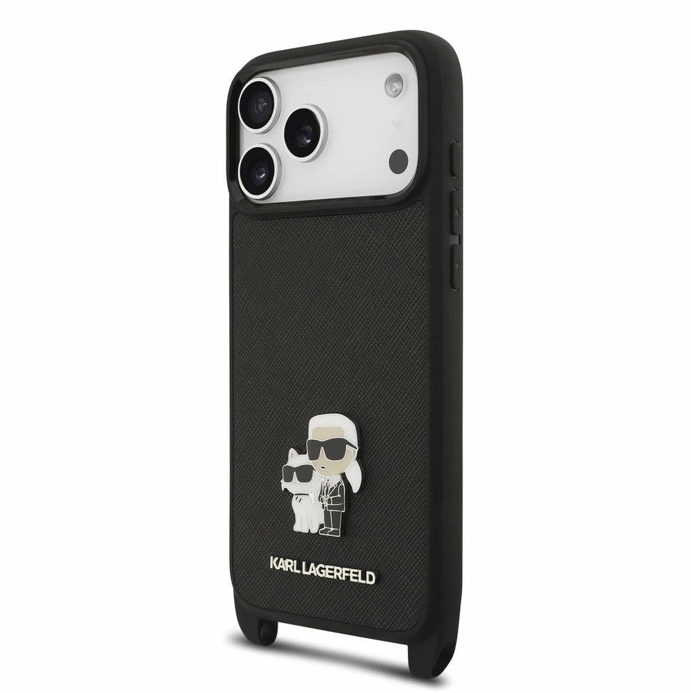 Dėklas Karl Lagerfeld Saffiano Crossbody Strap Metal Karl and Choupette Case for iPhone 18 Pro Max Juodas