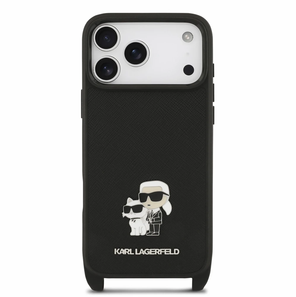 Dėklas Karl Lagerfeld Saffiano Crossbody Strap Metal Karl and Choupette Case for iPhone 18 Pro Max Juodas