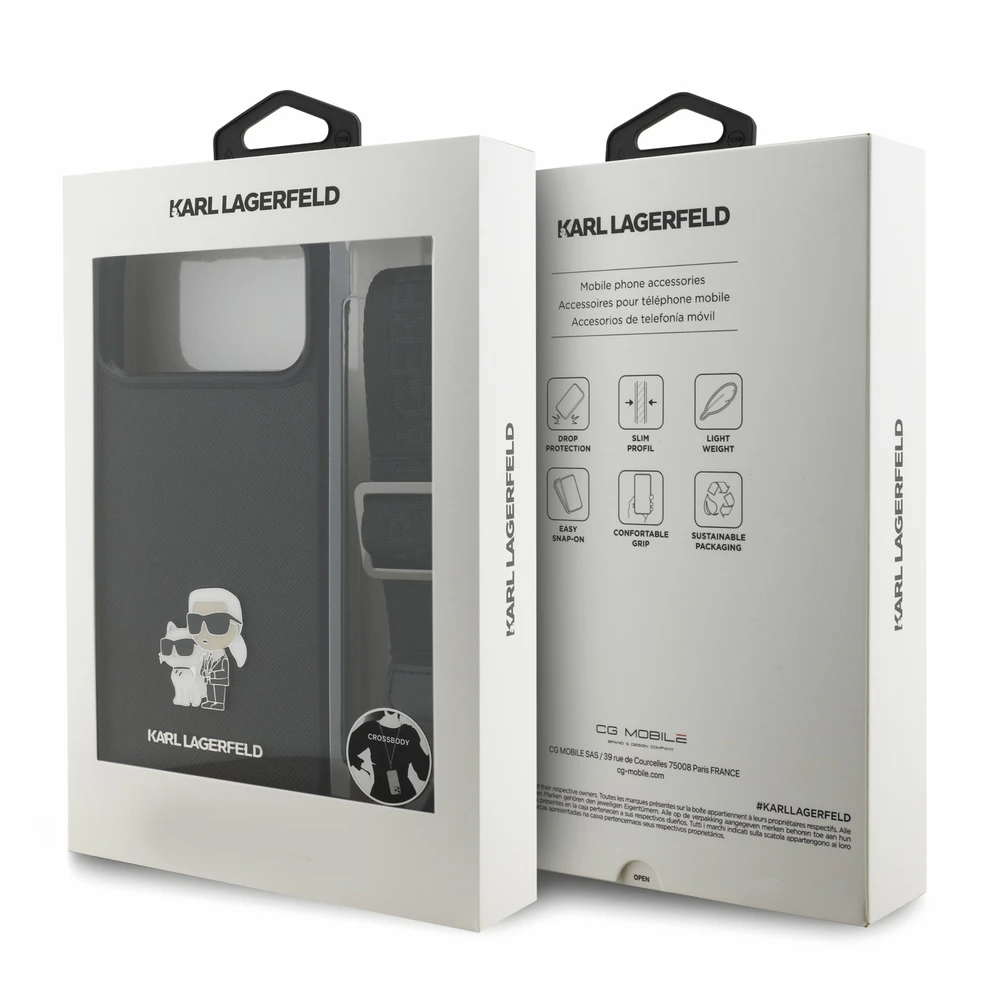 Dėklas Karl Lagerfeld Saffiano Crossbody Strap Metal Karl and Choupette Case for iPhone 18 Pro Max Juodas