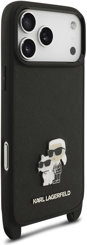 Dėklas Karl Lagerfeld Saffiano Crossbody Strap Metal Karl and Choupette Case for iPhone 18 Pro Juoda