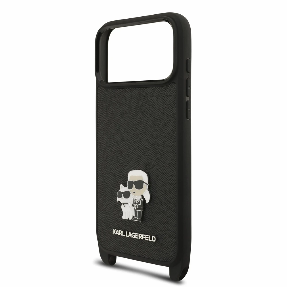 Dėklas Karl Lagerfeld Saffiano Crossbody Strap Metal Karl and Choupette Case for iPhone 18 Pro Max Juodas