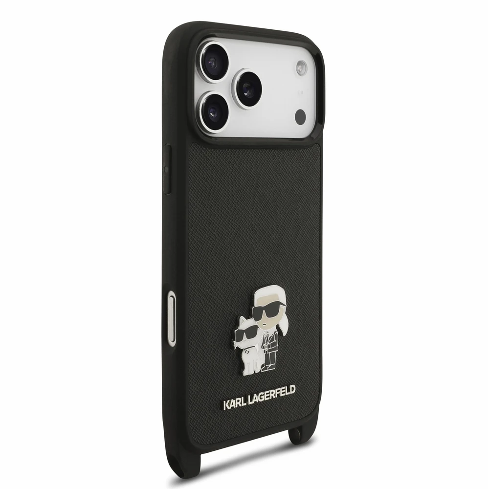 Dėklas Karl Lagerfeld Saffiano Crossbody Strap Metal Karl and Choupette Case for iPhone 18 Pro Max Juodas