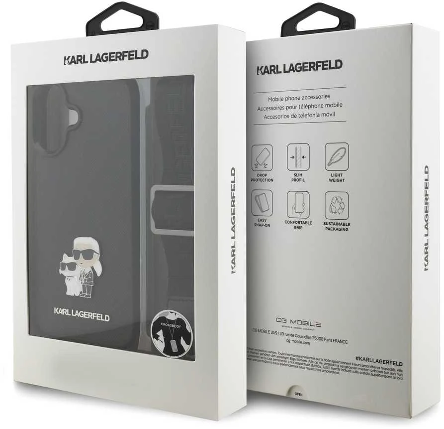 Karl Lagerfeld Saffiano Crossbody Strap Metal Karl and Choupette dėklas skirtas Apple iPhone 17 juodos spalvos